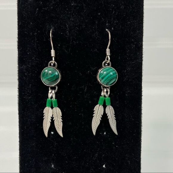 Vintage Native American Green Malachite Feather Dangle Earrings - Picture 1 of 4